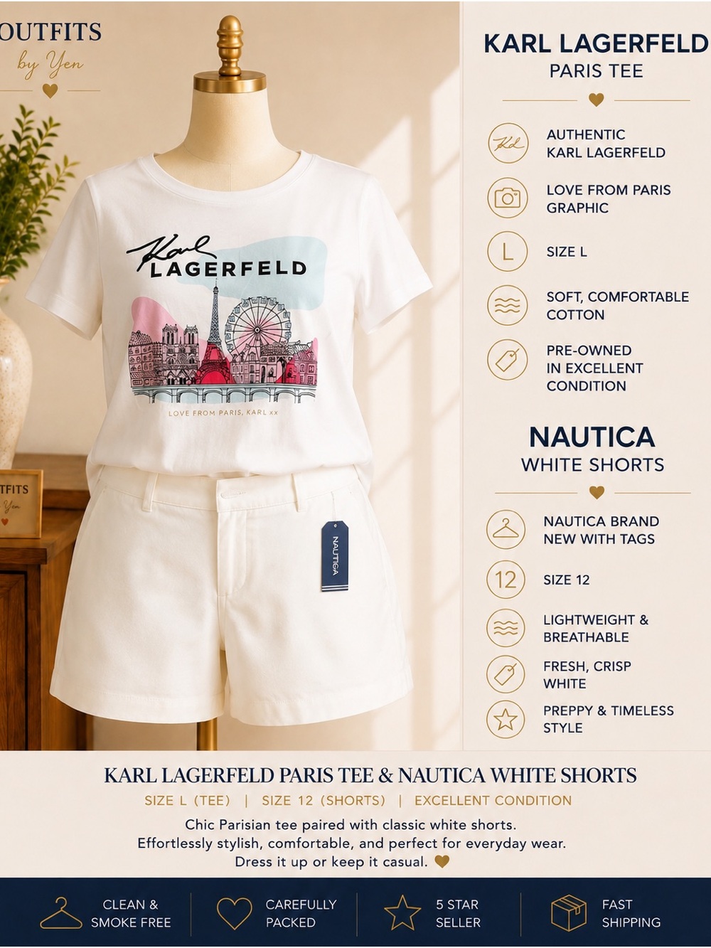 Karl Lagerfeld White Graphic Tee with Cream-White Shorts